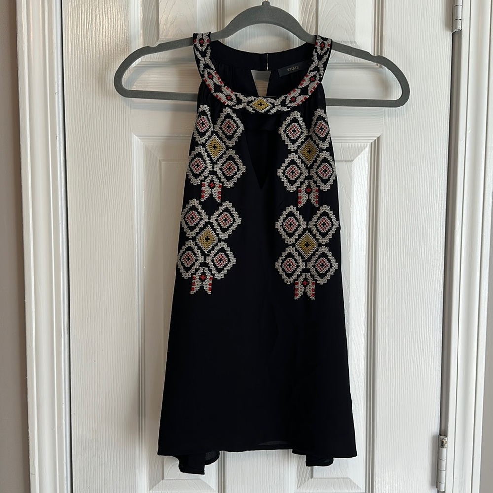 Black Sheer Sleeveless Top with Embroidered Details by THML